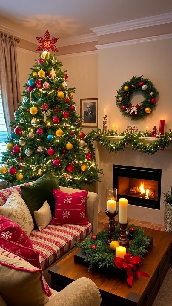 A festive living room with a Christmas tree, cozy decor, and a warm fireplace.